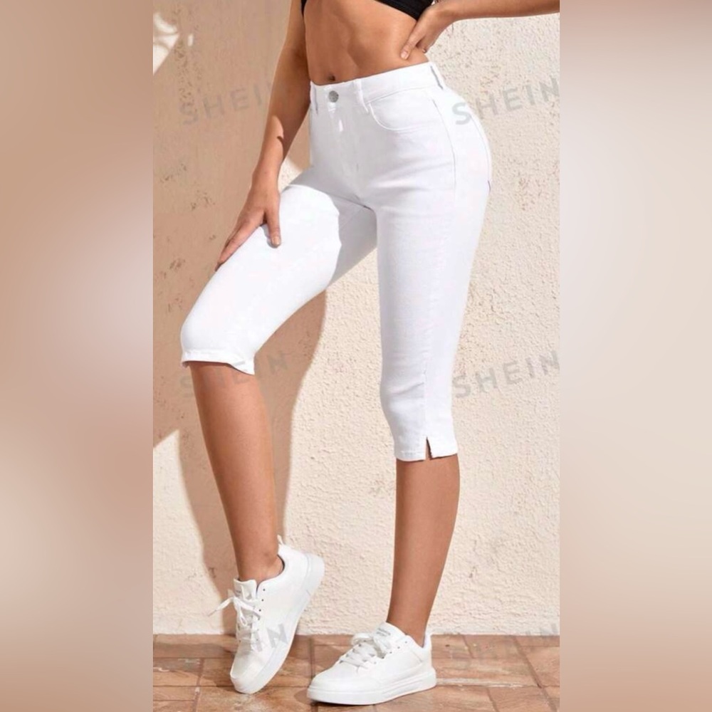 Split Hem Skinny Capri White Jeans
